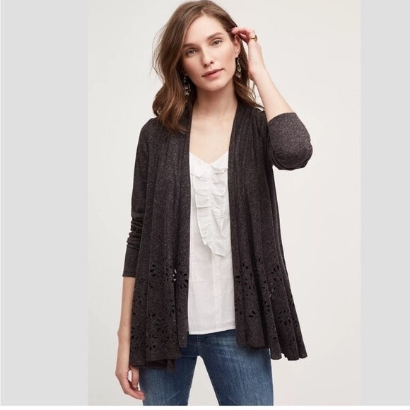 Anthropologie Meadow Rue Verna Linen Blend Laser Cut Cardigan Grey Open Sweater - Picture 1 of 7